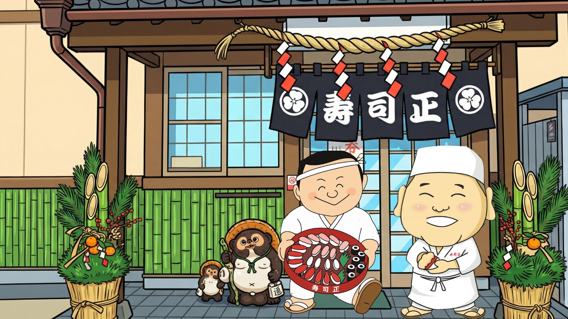 寿司正の店先で迎える大将のイラスト